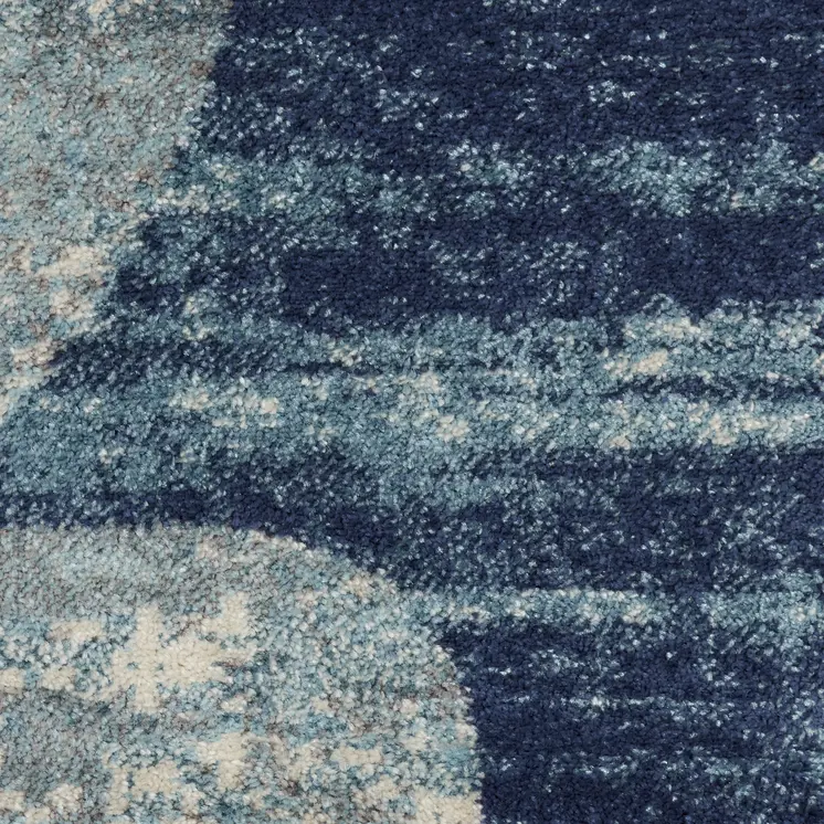 7' Navy Blue Light Blue and Gray Botanical Leaves Runner Rug
