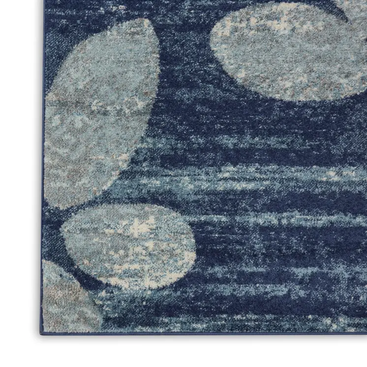 7' Navy Blue Light Blue and Gray Botanical Leaves Runner Rug