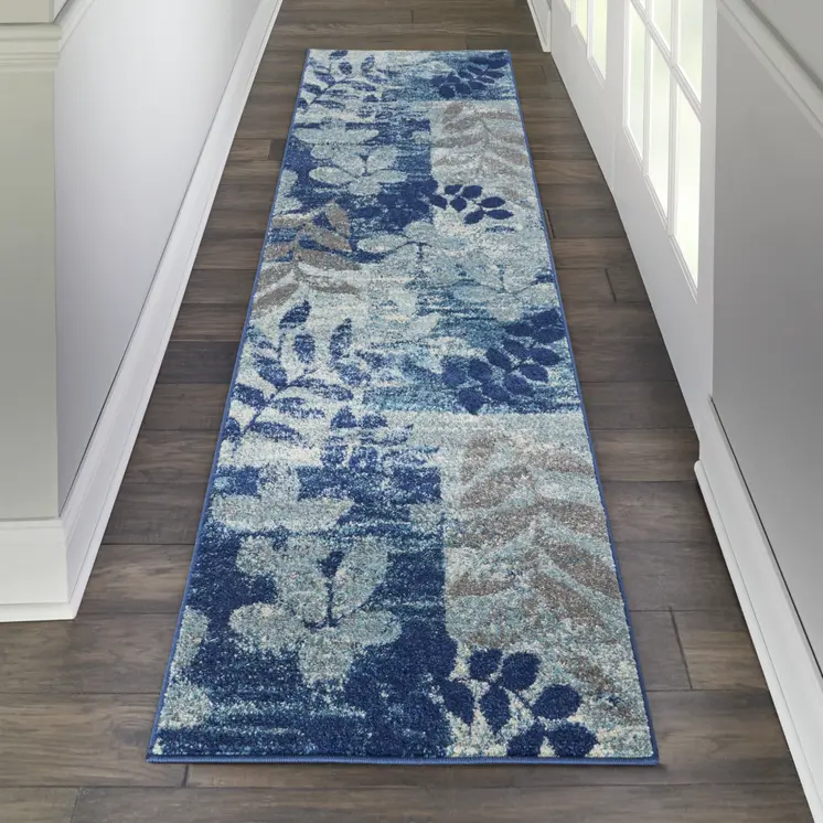 7' Navy Blue Light Blue and Gray Botanical Leaves Runner Rug
