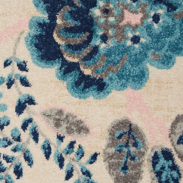 7' Navy Blue Light Blue and Gray Botanical Leaves Runner Rug