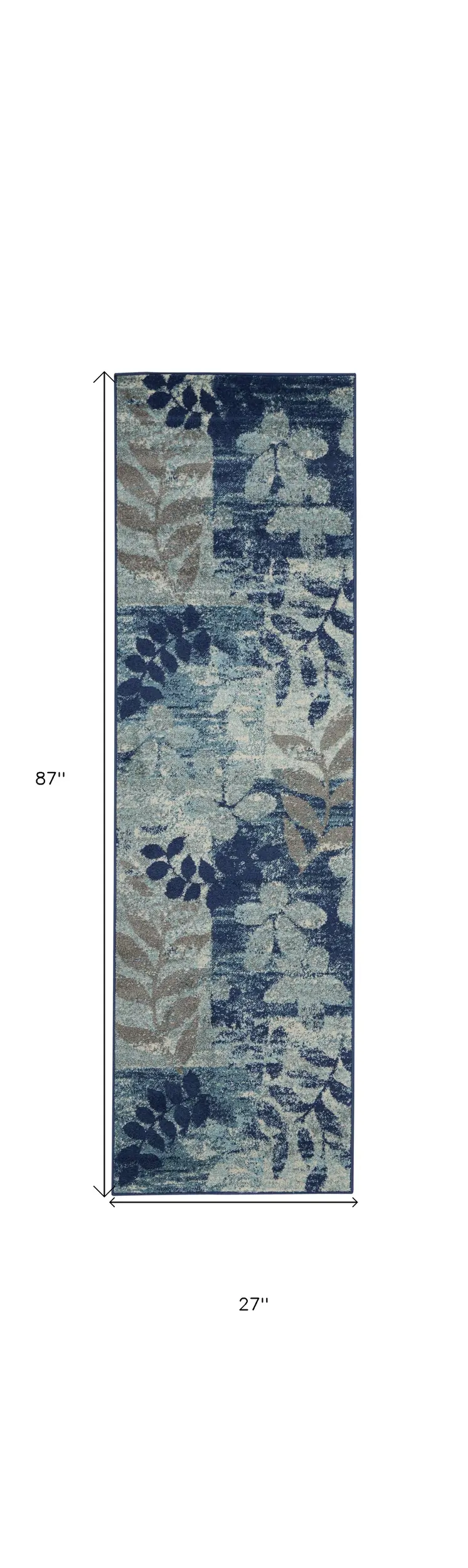 7' Navy Blue Light Blue and Gray Botanical Leaves Runner Rug