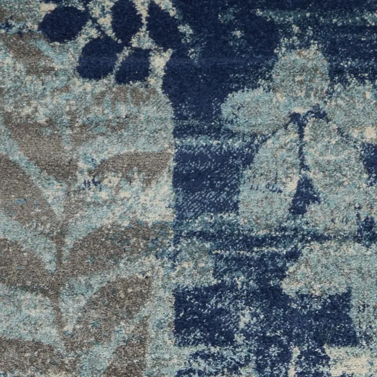 7' Navy Blue Light Blue and Gray Botanical Leaves Runner Rug