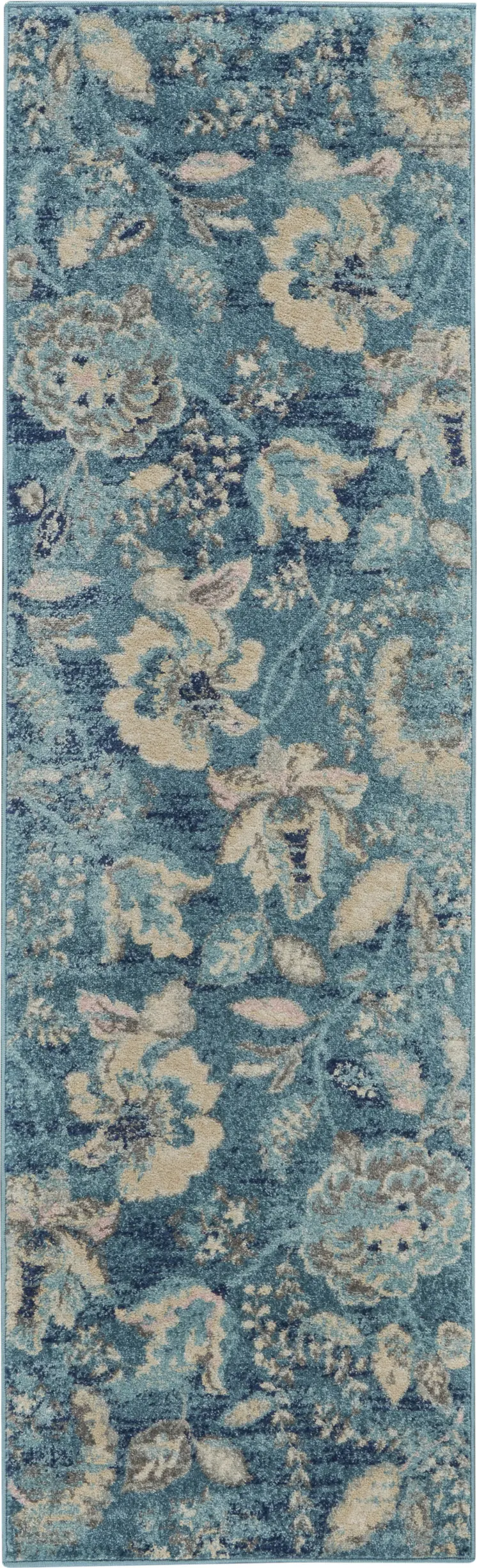 7' Turquoise Cream and Navy Blue Floral Distressed Runner Rug
