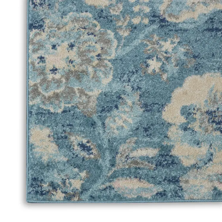 7' Turquoise Cream and Navy Blue Floral Distressed Runner Rug
