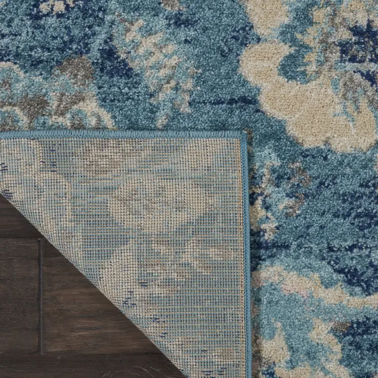 7' Turquoise Cream and Navy Blue Floral Distressed Runner Rug