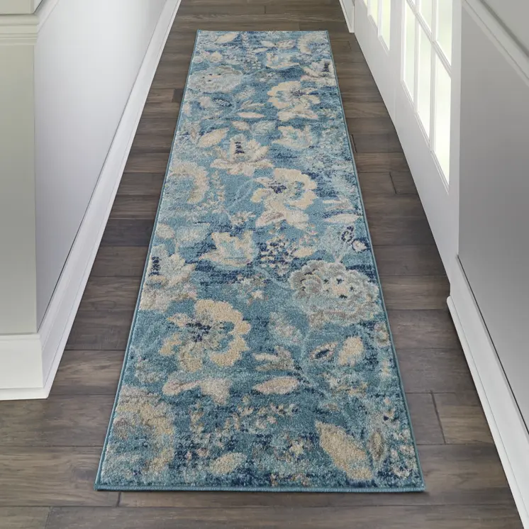 7' Turquoise Cream and Navy Blue Floral Distressed Runner Rug