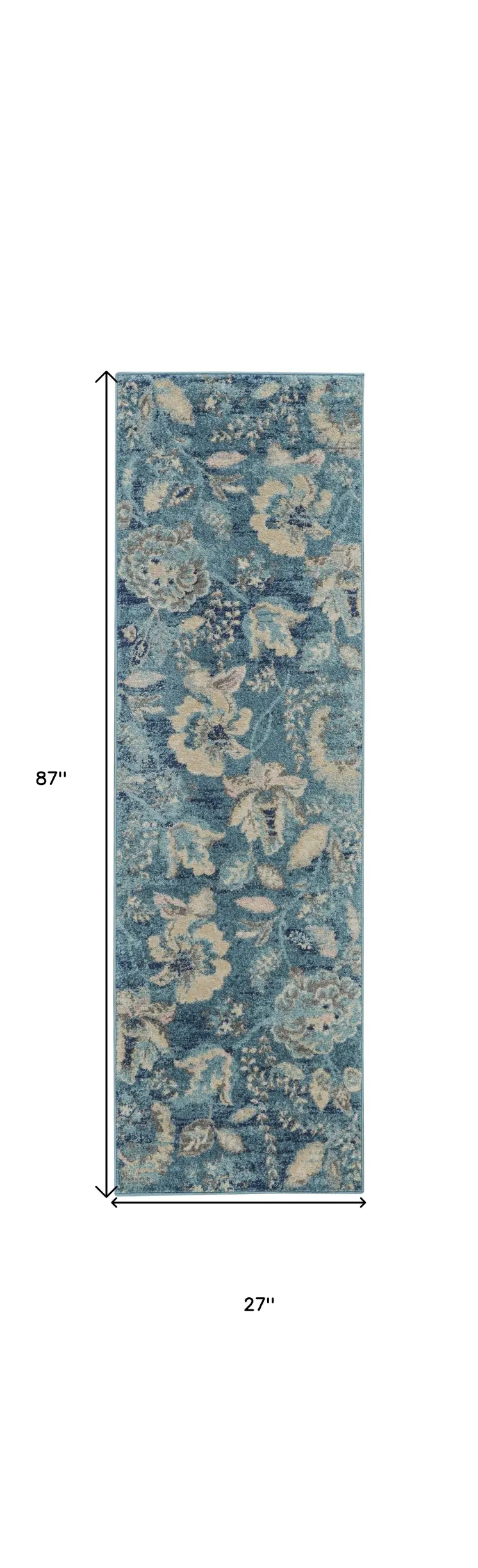 7' Turquoise Cream and Navy Blue Floral Distressed Runner Rug