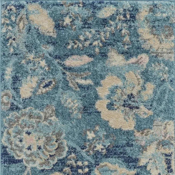 7' Turquoise Cream and Navy Blue Floral Distressed Runner Rug