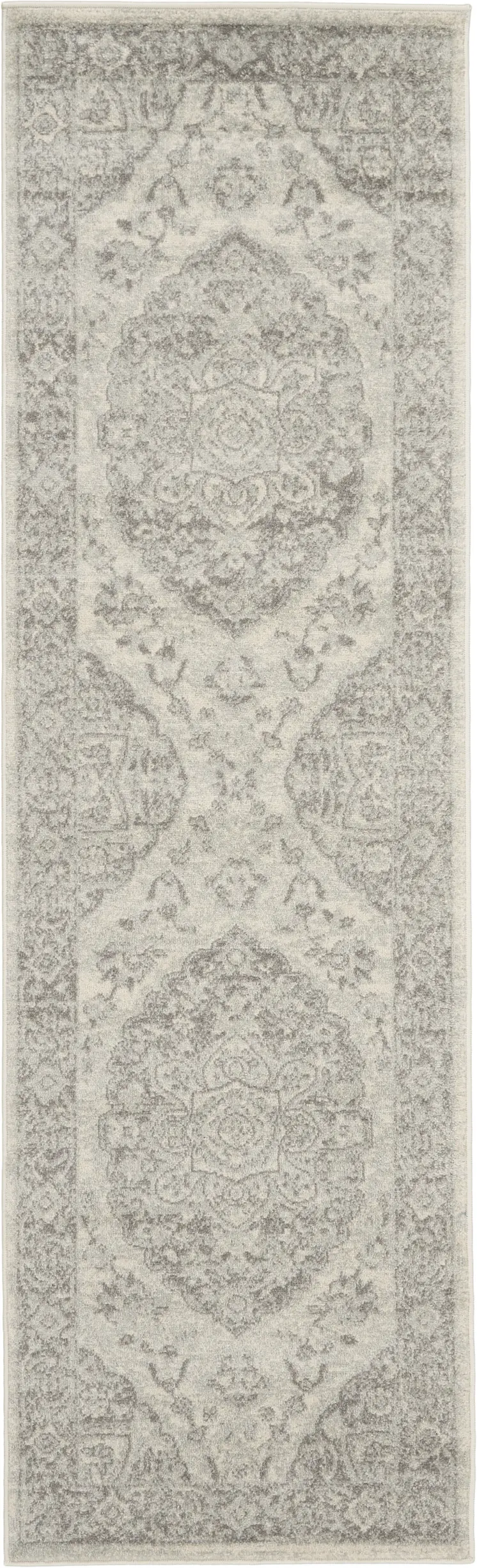7' Ivory And Gray Floral Medallion Distressed Runner Rug