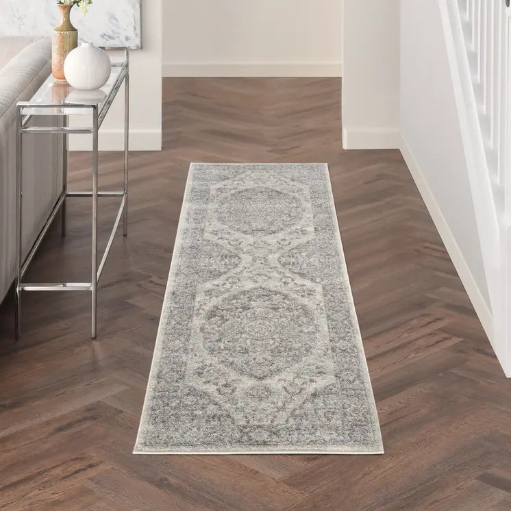 7' Ivory And Gray Floral Medallion Distressed Runner Rug