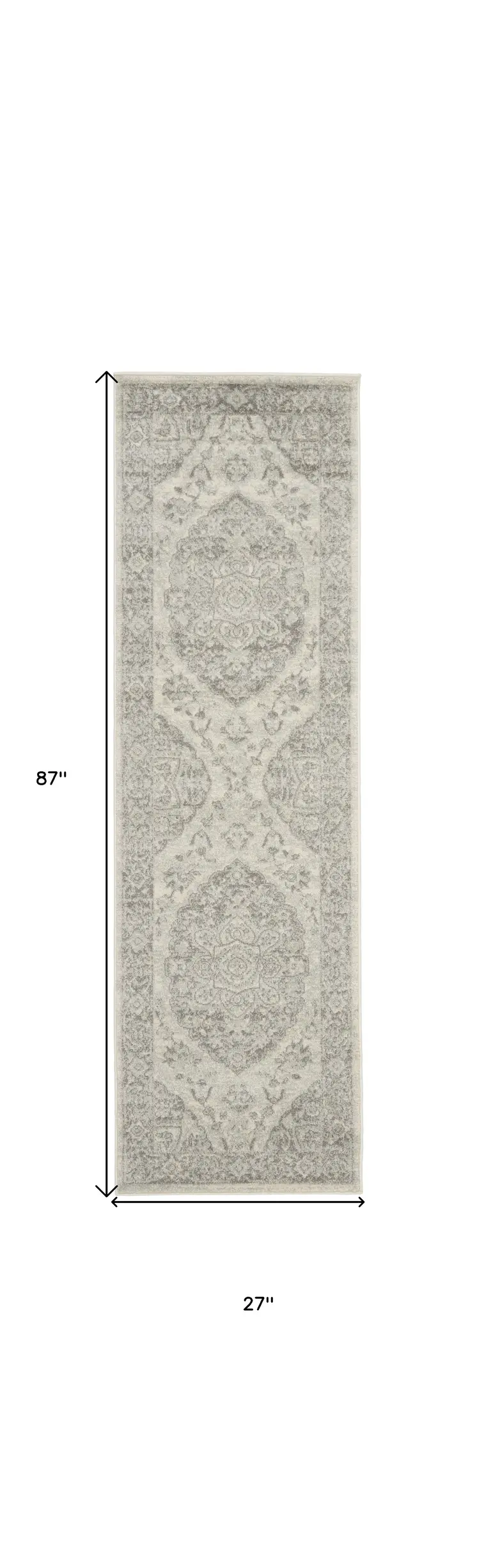 7' Ivory And Gray Floral Medallion Distressed Runner Rug