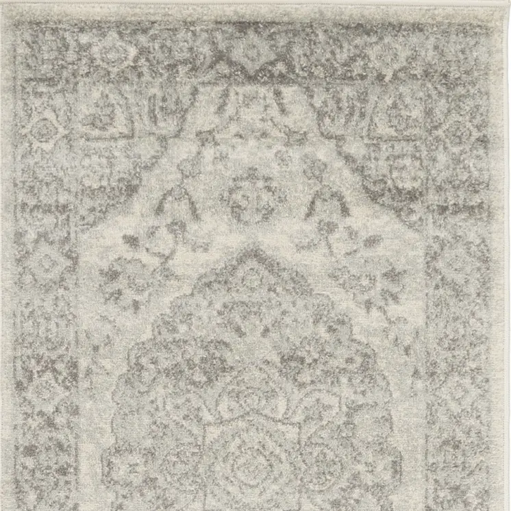 7' Ivory And Gray Floral Medallion Distressed Runner Rug