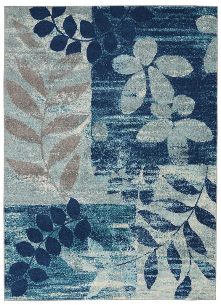 4' X 6' Navy Blue Light Blue and Gray Botanical Leaves Area Rug