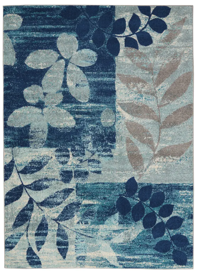 4' X 6' Navy Blue Light Blue and Gray Botanical Leaves Area Rug