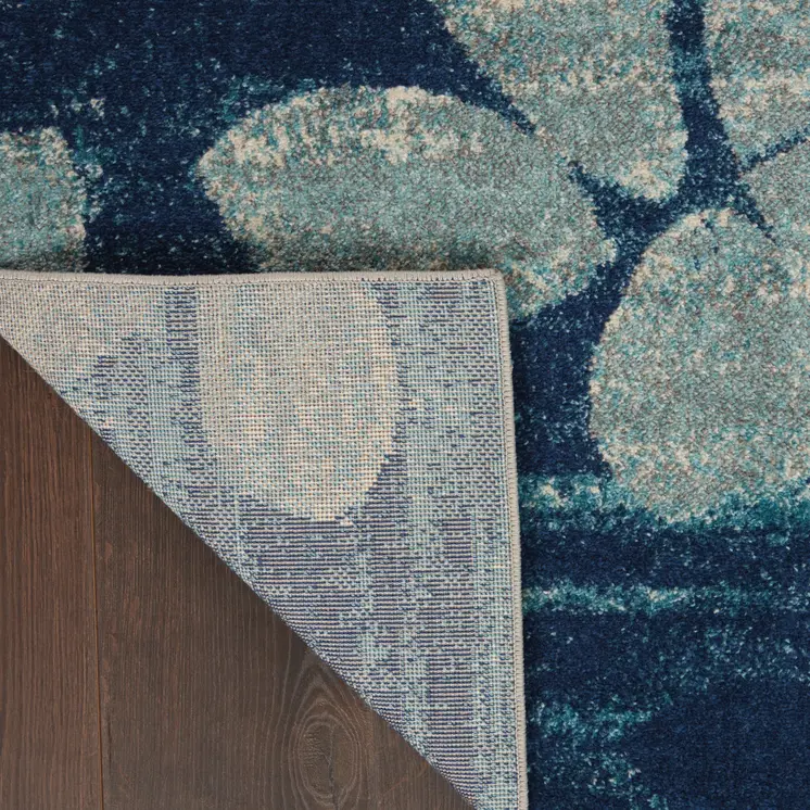 4' X 6' Navy Blue Light Blue and Gray Botanical Leaves Area Rug