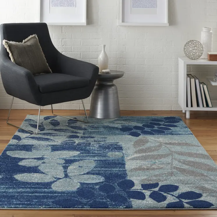 4' X 6' Navy Blue Light Blue and Gray Botanical Leaves Area Rug