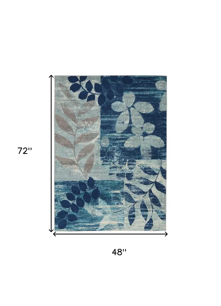 4' X 6' Navy Blue Light Blue and Gray Botanical Leaves Area Rug