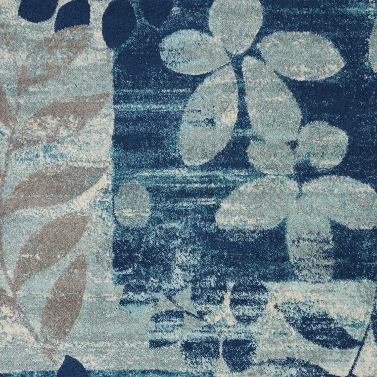 4' X 6' Navy Blue Light Blue and Gray Botanical Leaves Area Rug