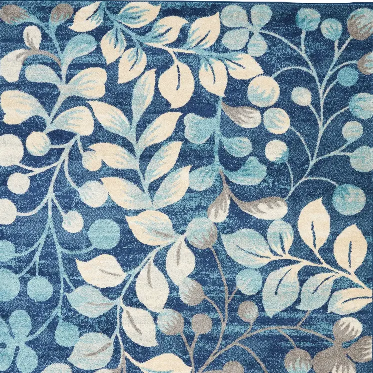 4' X 6' Navy Blue and Beige Botanical Leaves Area Rug