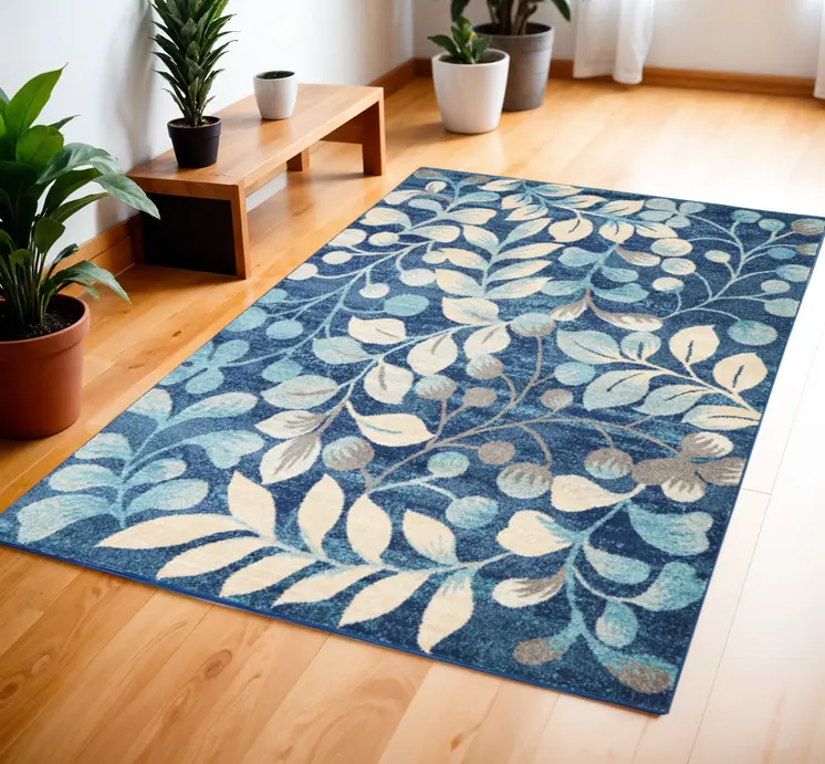 4' X 6' Navy Blue and Beige Botanical Leaves Area Rug