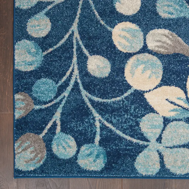 4' X 6' Navy Blue and Beige Botanical Leaves Area Rug