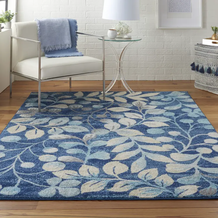 4' X 6' Navy Blue and Beige Botanical Leaves Area Rug