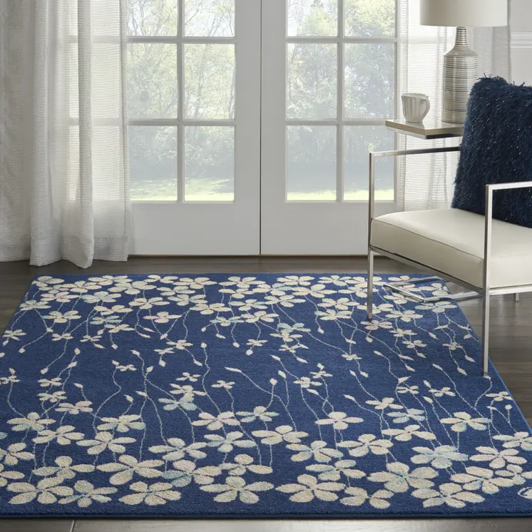 4' X 6' Navy Blue and Ivory Floral Area Rug