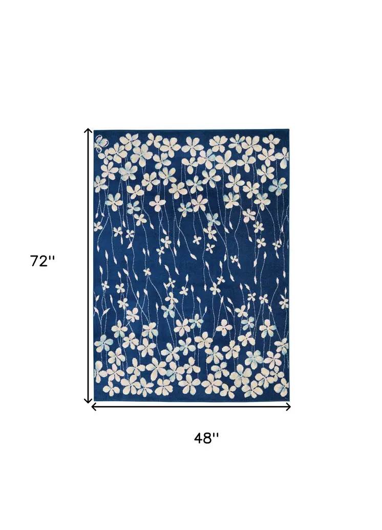 4' X 6' Navy Blue and Ivory Floral Area Rug