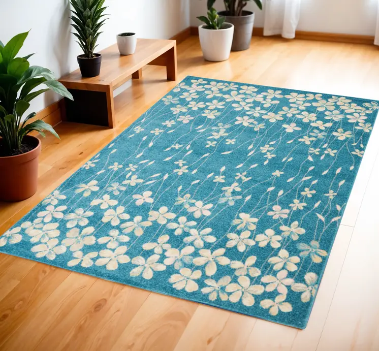 4' X 6' Turquoise and Cream Botanical Leaves Area Rug