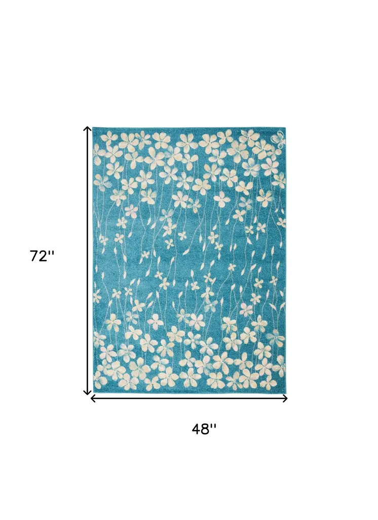 4' X 6' Turquoise and Cream Botanical Leaves Area Rug