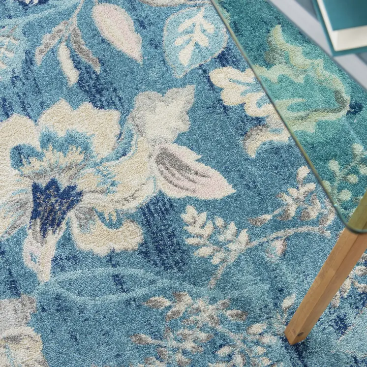 4' X 6' Turquoise Cream and Navy Blue Floral Distressed Area Rug