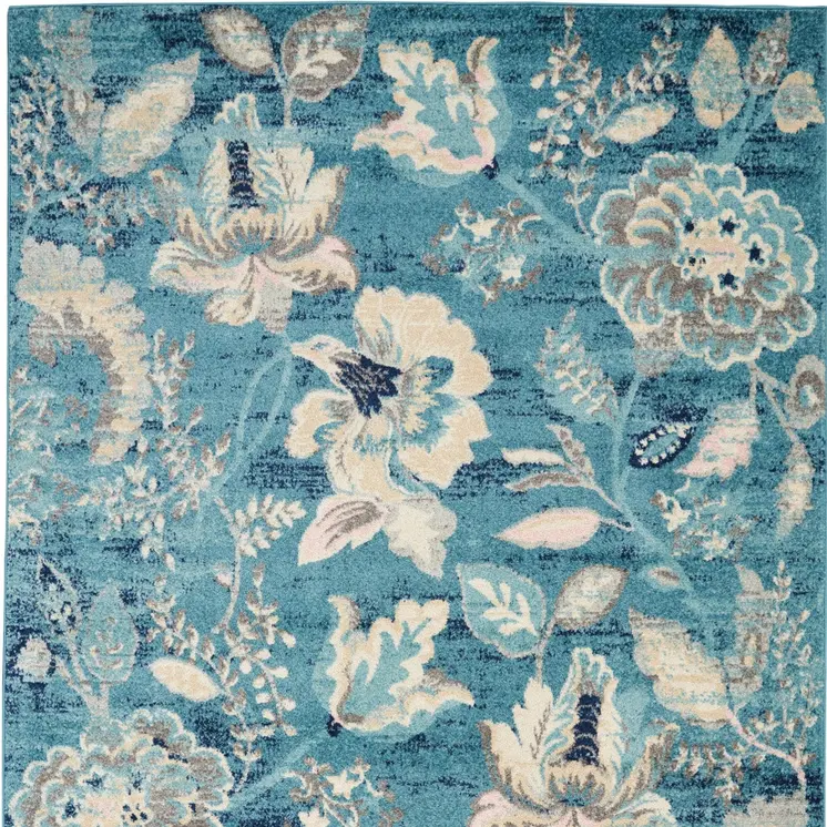 4' X 6' Turquoise Cream and Navy Blue Floral Distressed Area Rug