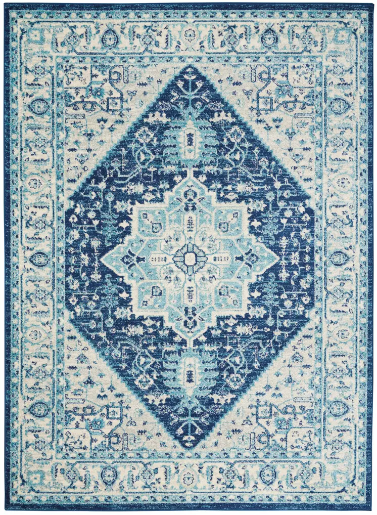 4' X 6' Ivory And Navy Blue Floral Medallion Distressed Area Rug