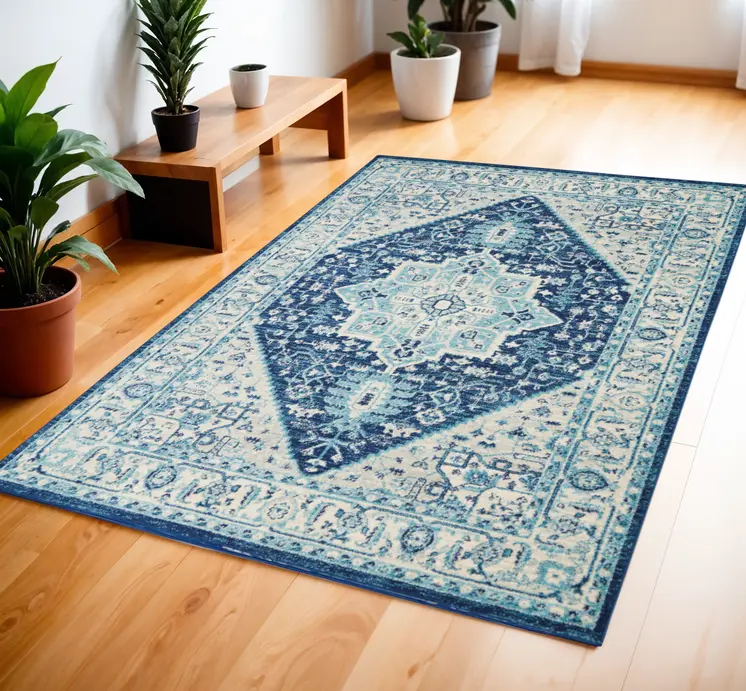 4' X 6' Ivory And Navy Blue Floral Medallion Distressed Area Rug