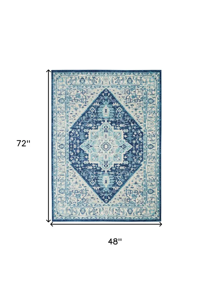 4' X 6' Ivory And Navy Blue Floral Medallion Distressed Area Rug