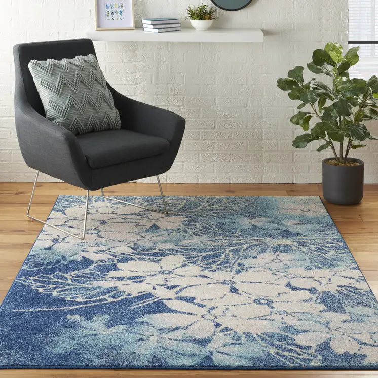 4' X 6' Navy Blue and Ivory Floral Area Rug