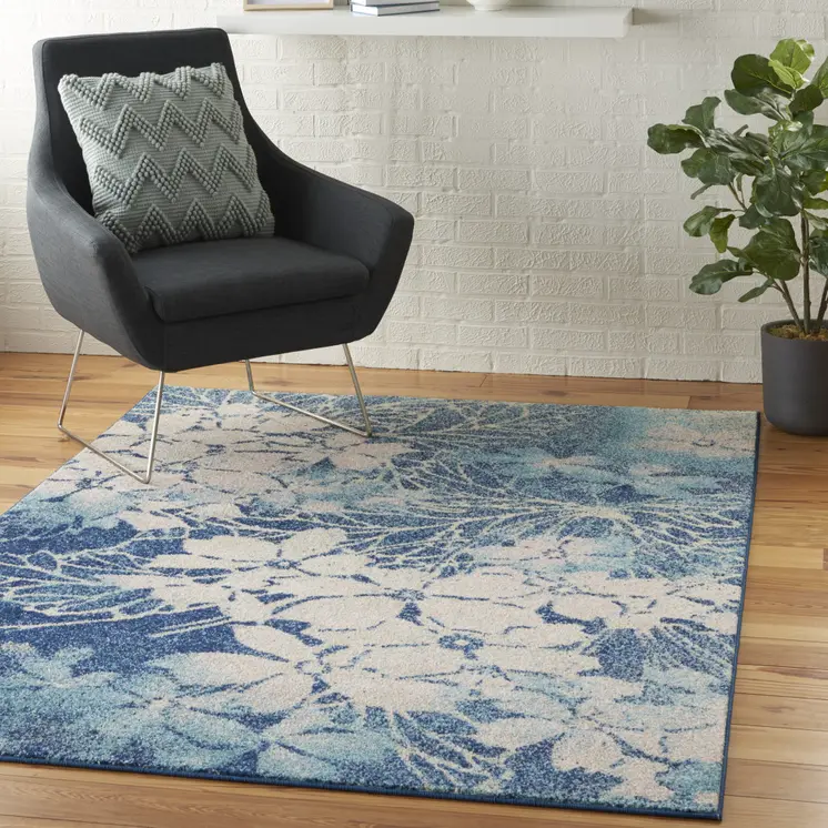 4' X 6' Navy Blue and Ivory Floral Area Rug