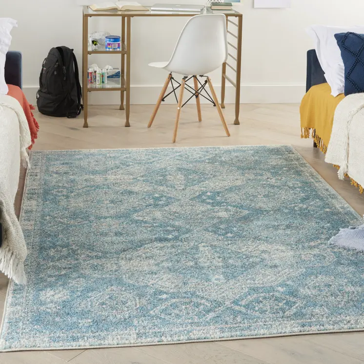 4' X 6' Ivory and Light Blue Oriental Distressed Area Rug