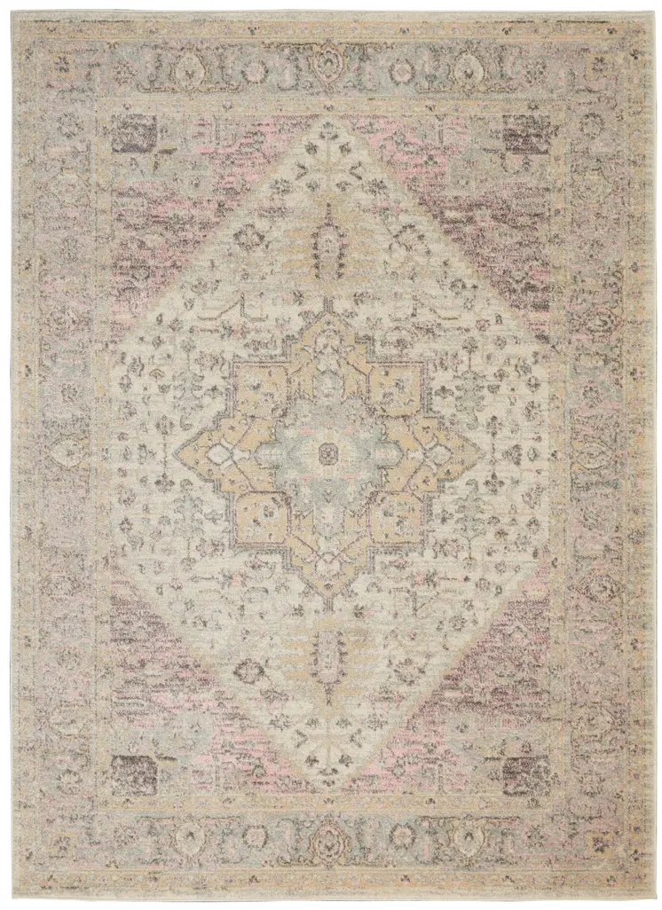 4' X 6' Ivory Pink And Gray Floral Distressed Area Rug