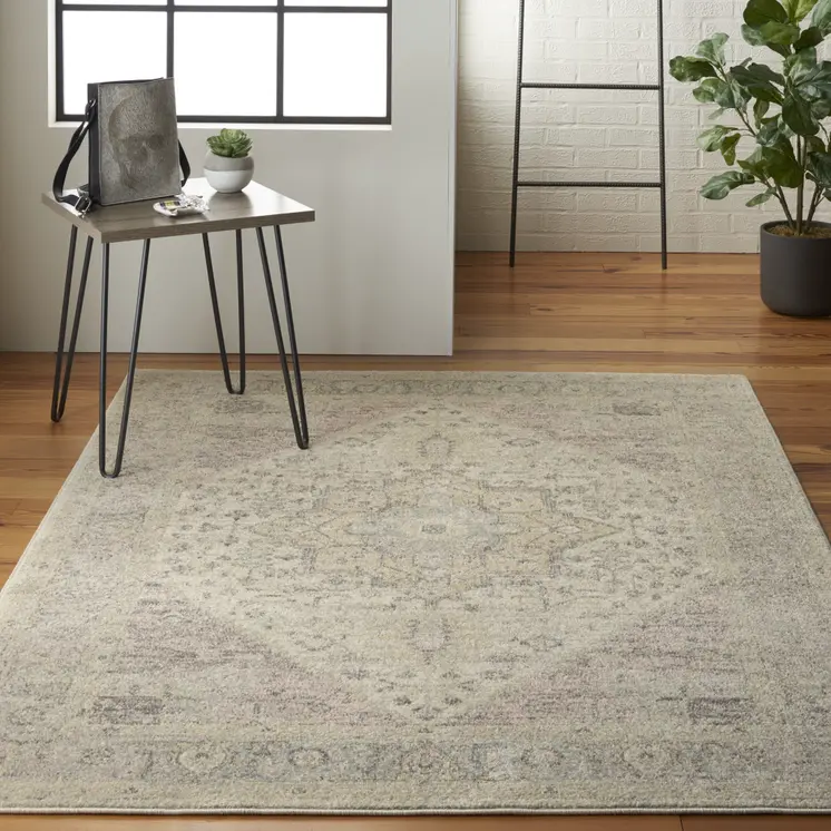 4' X 6' Ivory Pink And Gray Floral Distressed Area Rug