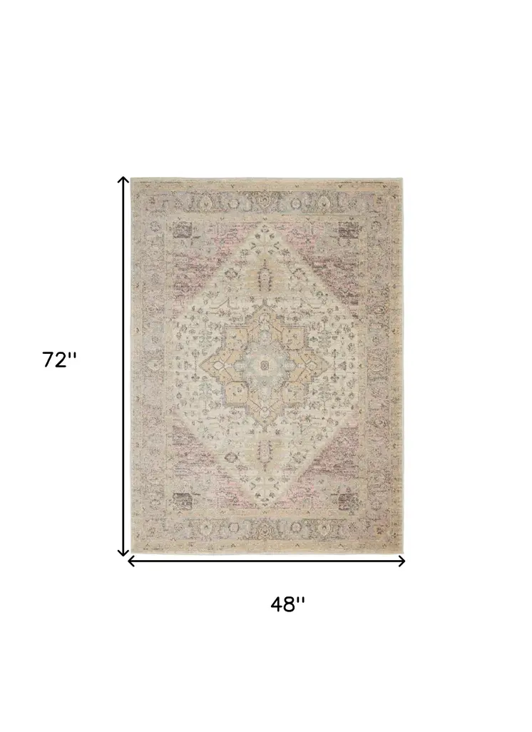 4' X 6' Ivory Pink And Gray Floral Distressed Area Rug