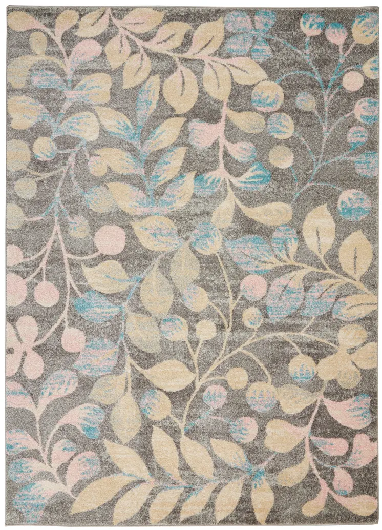 4' X 6' Beige Gray And Blue Botanical Leaves Area Rug