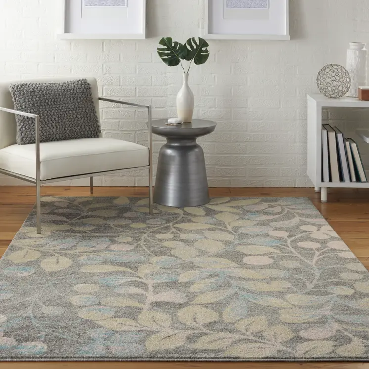 4' X 6' Beige Gray And Blue Botanical Leaves Area Rug