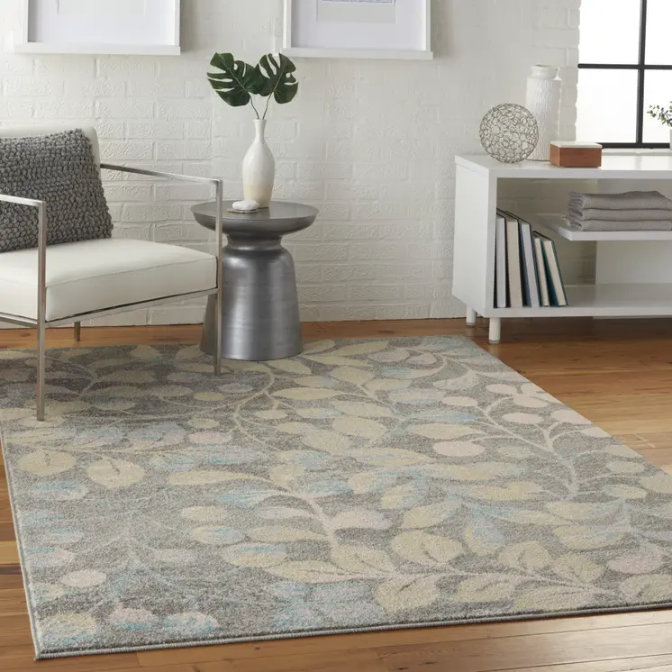 4' X 6' Beige Gray And Blue Botanical Leaves Area Rug