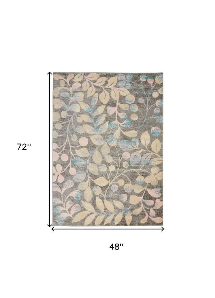 4' X 6' Beige Gray And Blue Botanical Leaves Area Rug