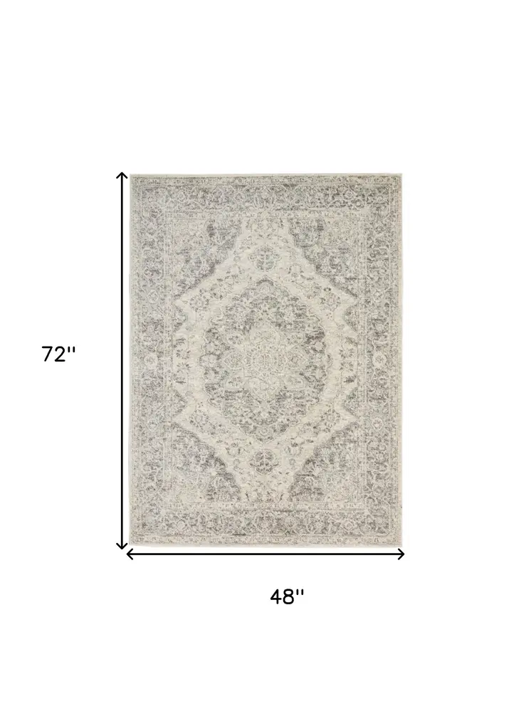 4' X 6' Ivory And Gray Floral Medallion Distressed Area Rug