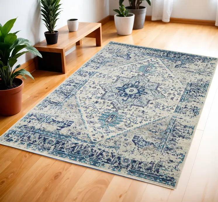 4' X 6' Ivory And Light Blue Floral Medallion Distressed Area Rug