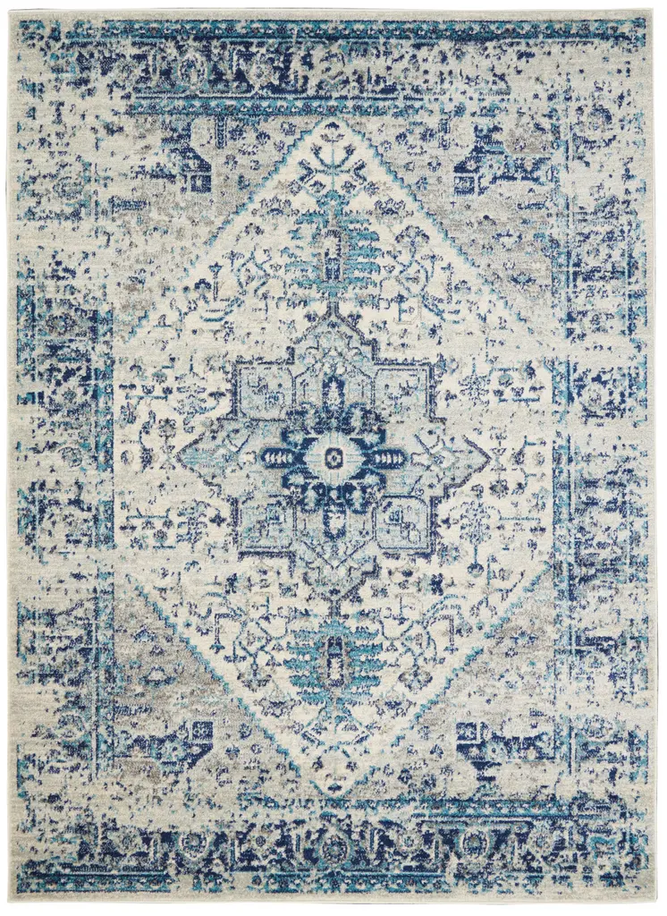 4' X 6' Ivory And Light Blue Floral Medallion Distressed Area Rug
