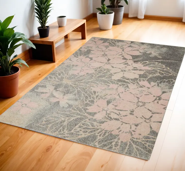 4' X 6' Gray And Pink Floral Area Rug