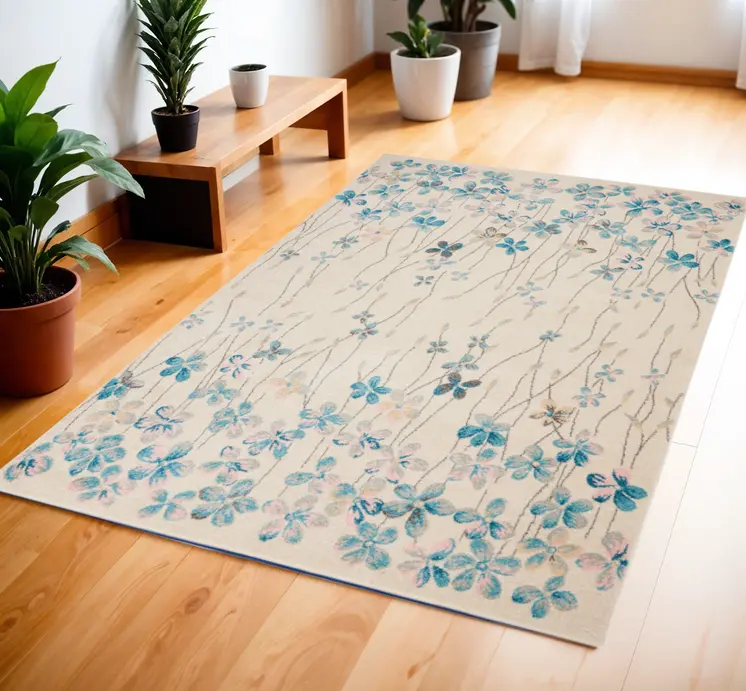 4' X 6' Ivory And Blue Floral Area Rug